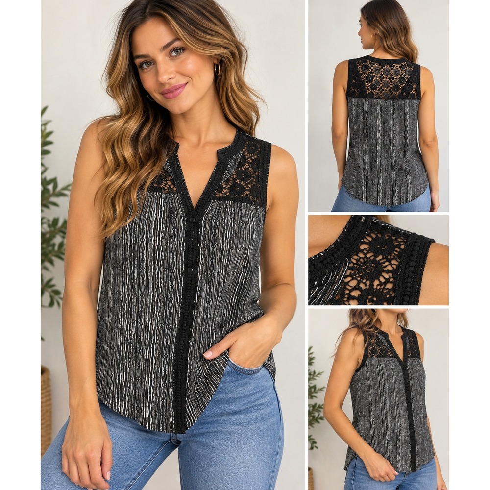 Sanctuary Black White Abstract Print Lace Trim Sleeveless Blouse Medium